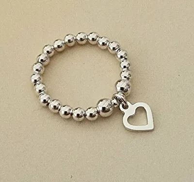 Sterling Silver  Beaded Stretch Ring With Small  Open Heart Dangle Charm • £13