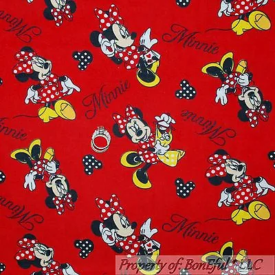 BonEful FABRIC FQ Cotton Quilt Flannel VTG Red White Minnie Mouse Disney B&W Dot • £10.12