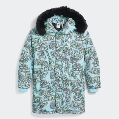 Adidas Originals X Jeremy Scott Money Print Parka Jacket Fur Blue AOP Men Sz XL • $145