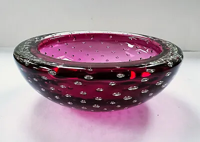 Vintage MURANO Cranberry CONTROLLED BUBBLE ART GLASS BOWL Ashtray BULLICANTE #3 • £18.50