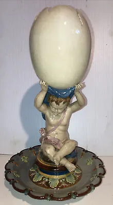 Antique Majolica Centerpiece Putti Cherub Holding Egg Figure 14” Minton ? • $299.99