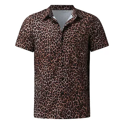 Men Leopard Print Shirt Short Sleeve Turn Down Athletic Cut Mens Dress Shirt • $19.32