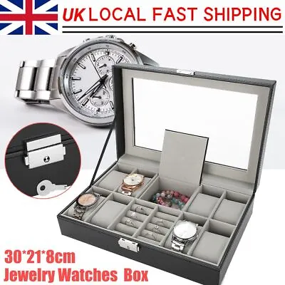 Mens 8 Grids Leather Watch Display Case Jewelry Collection Storage Holder Box • £16.39