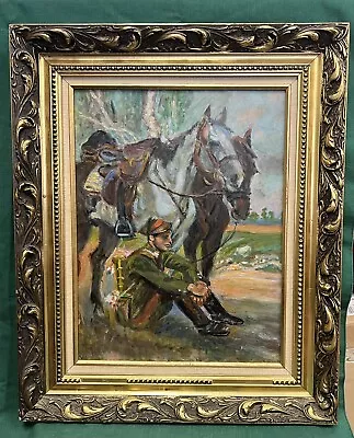 Vintage Polish Oil Paintings Of Soldier With Horses • $449