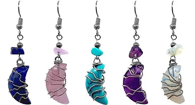 Wrapped Crescent Moon Stone Earrings Crystal Dangle Celestial Handmade Jewelry • $13.99