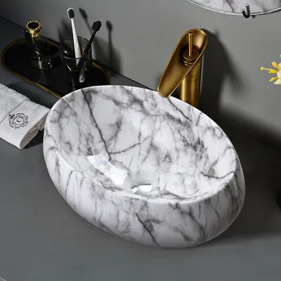 Bathroom Vanity Wash Basin Sink Countertop Oval Ceramic Wash Bowl White Marble • £49.95