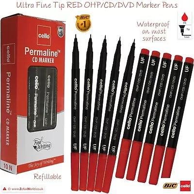 BIC CELLO Permaline Ultra Fine Tip OHP CD DVD RED Marker Pens Smudge Proof • £2.99