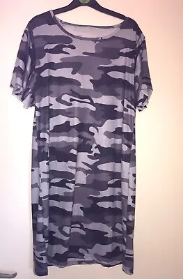 Grey Camouflage T-Shirt Material Short Sleeved Midi Dress - Size L • £2.99