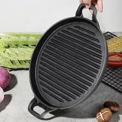 S/M/L Non-Stick Grill Plate Cast Iron BBQ Griddle Steak Pancake Roasting Fry Pan • £13.95