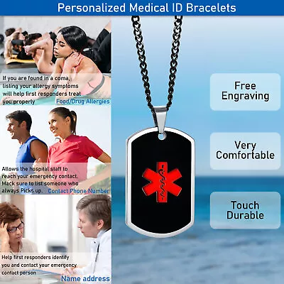 Men Women Silver Medical Alert ID Necklace Stainless Steel Pendant Free Engrave • £7.19