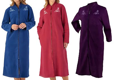 Slenderella Womens Zip Up Dressing Gown Boucle Fleece Embroidered Housecoat Robe • £32.75