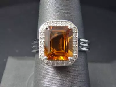 $136 • Buy Stunning KHR Emerald Cut Orange Madeira Citrine Zircon Halo Sterling Ring - Sz 9