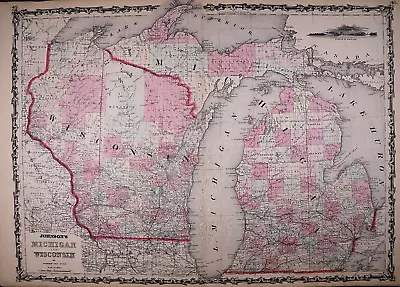 1862 Map Of WISCONSIN - MICHIGAN ~ Authentic Johnson Atlas Map ~ (18x26)-#014 • $45.95