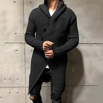 Mens Hooded Cardigan Sweater Knitted Cape Long Sleeve Knit Coat Jackets • $51.88