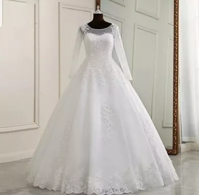 £199.50 • Buy UK White Ivory Long Sleeve A Line Sequins Floor Length Wedding Dress Size 6-20