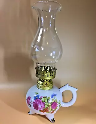 Miniature Kerosene Oil Finger Lamp Porcelian White Pink & Blue Roses 9  Tall • $35