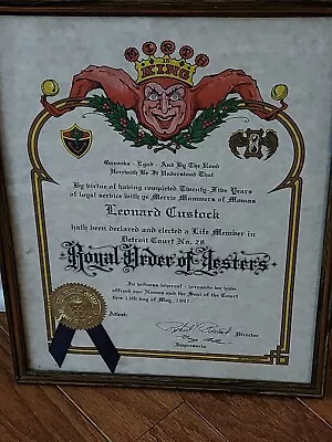 Royal Order Of Jesters Certificate Framed Detroit Court No. 28 Lifetime Member  • $61