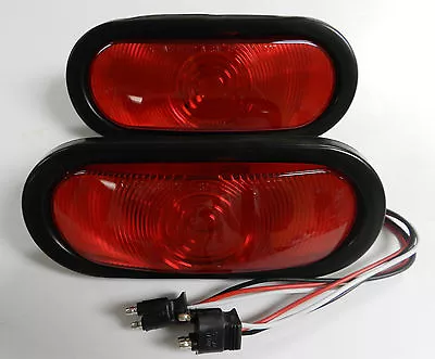 (2) Trailer Truck RED Sealed 6  Oval Stop Turn Tail Light With Grommet & Pigtail • $15.99