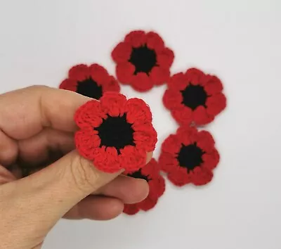 Set Of 3 Handmade Crochet Poppies Applique Scrapbooking Craft Poppy • £6