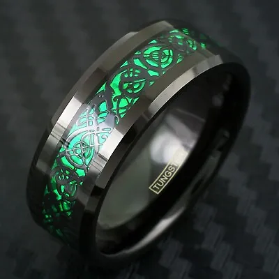 8mm Black Tungsten Carbide Men's Ring Green Celtic Dragon Wedding Band • $13.99