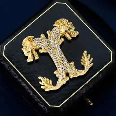 Vintage Gold Color Double Dragon Brooch Gorgeous Rhinestone Corsage Lapel Pin • $6.59