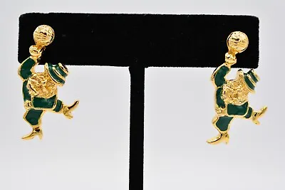 Vintage Leprechaun Earrings Dangle Green Gold Enamel St. Patrick's NOS 80s BinA6 • $15.96