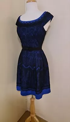 Review Sz 10 Blue Lace Overlay Fit & Flare Dress • $24.99