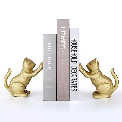 Lucky Cat Decorative Bookend Heavy Duty Cast Iron Vintage Shelf Decor Gold... • $48.89