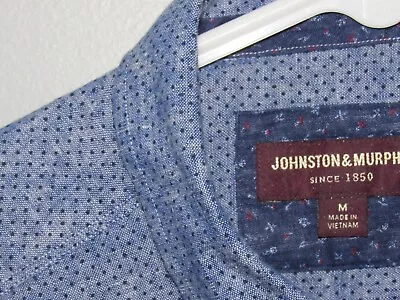 JOHNSTON & MURPHY Mens Medium Button Up Shirt Blue Cotton Linen Blend Polka Dot • $14.99