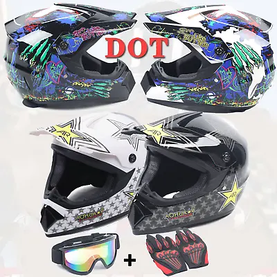 DOT Motorcycle Adult Helmet +Goggles +Gloves Motocross MX ATV Dirt Bike Off-Road • $40.85