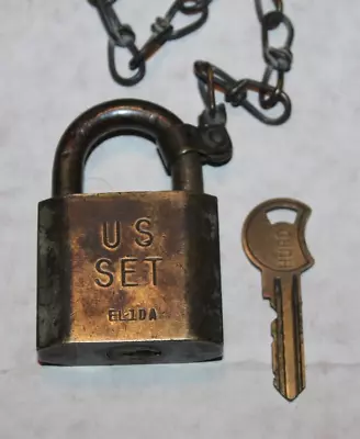 Vintage HURD  US SET   Solid Brass Padlock Military W/Original Key - Works • $21.45