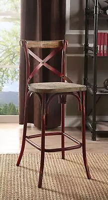 Red & Antique Oak Zaire Wooden Seat Counter Height Chair Bar Stool Antique • $180.03