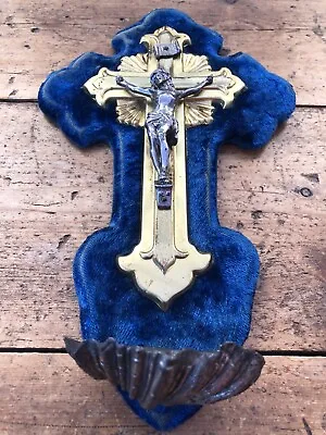 Antique Blue Velvet Crucifix 1900 Wall Hung Finger Font INRI Catholic  • £75