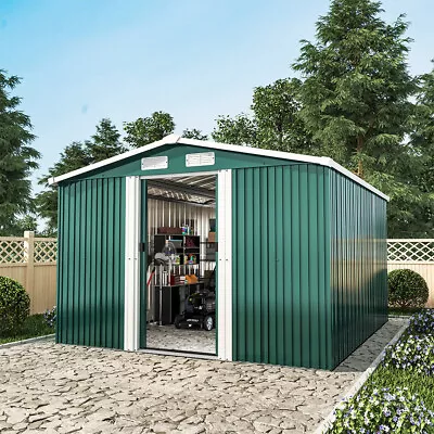 10X8FT Metal Garden Shed Apex Roof With Free Foundation Base Storage House Green • £409.95