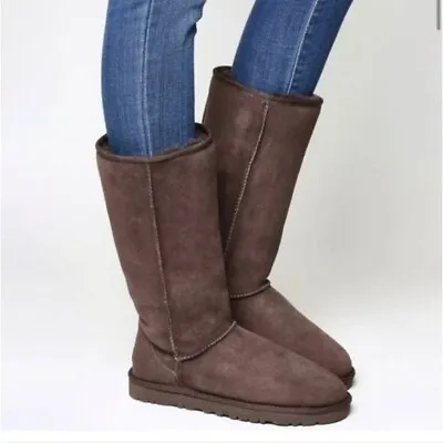 Ugg Australia Women 5815 Tall Classic Leather Sheepskin Brown Boots Shoes Sz 10 • $51