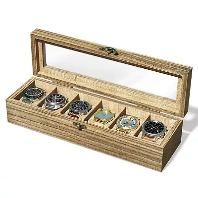 Watch Box Case Organizer Display For Men Women 6 Slot Wood Box With Glass Top.. • $36.40