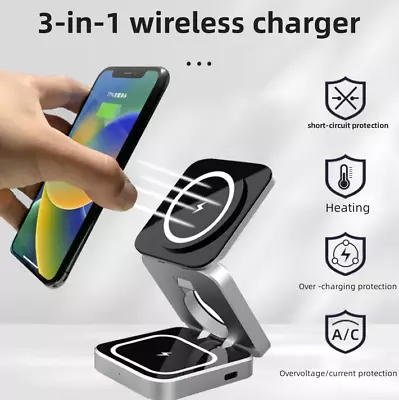 3 In1 Charger Magnetic Wireless Charging Foldable Pad For Iphone Magsafe Charge • £15.99