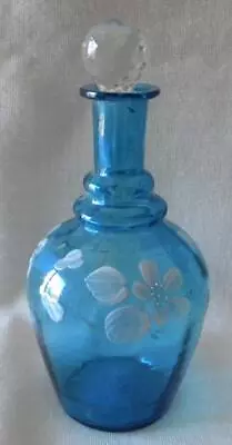 Vintage Blue Glass Barber Bottle; Glaze Painted; Approx. 7 1/2 ; Pontil • $15