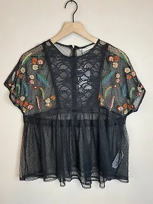 NWT ZARA  Embroidered Floral Sheer Blouse Black M • $35.99