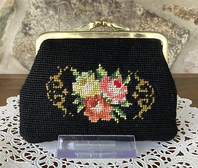 Vintage Black Needlepoint Floral Purse With Kiss Lock Coins/Change/Bills • $10.60