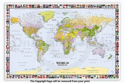 World Political Map - Flags - Professionally Encapsulated 36 X 24 Inches Poster • £11.99