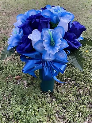 Cemetery Vase Memorial Silk Flower Arrangement Dark Blue & White • $35