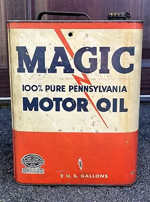 VINTAGE 1930's MAGIC MOTOR OIL 100% PENNSYLVANIA 2 GALLON WAR EFFORT TIN CAN • $100