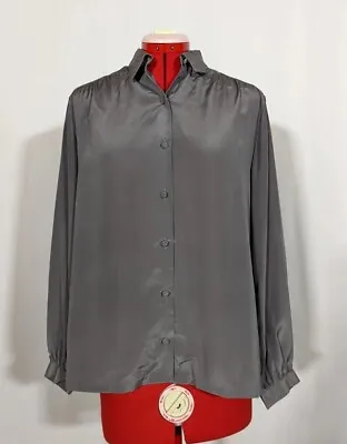 Lanvin Paris Vintage 70s Silver Gray Silk Blouse Pleated Shoulders Shirt Size 12 • $119.99