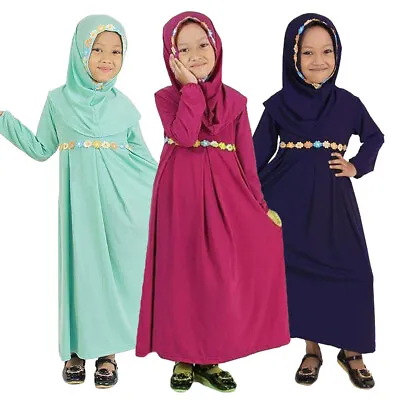 2PC Muslim Kids Girls Dress Sets Children Islamic Abaya Kaftan Prayer Robe+Hijab • £16.89