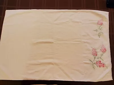 Vintage Hand-Embroidered King-Size Pillowcase  - Pink Flowers With Green Stems • $2.99