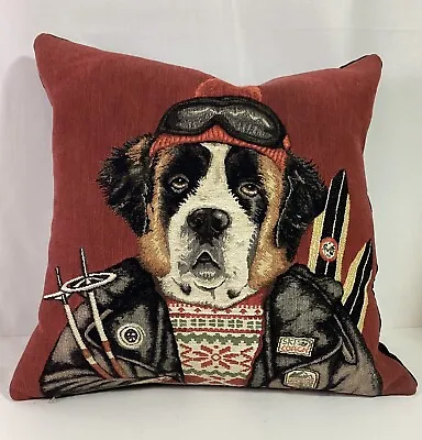 HINES OF OXFORD St Bernard Dog Skier 18 X18  Tapestry Throw Pillow- Down Insert • $34.99