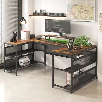 U Shaped Office Desk Corner Desk With 3 Spacious Desktop And Shelves  For Home • $203.20