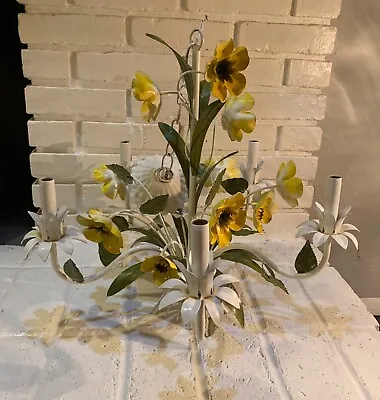 Vintage Tole Floral 5 Arm Light Chandelier Yellow Flowers Leaves • $200