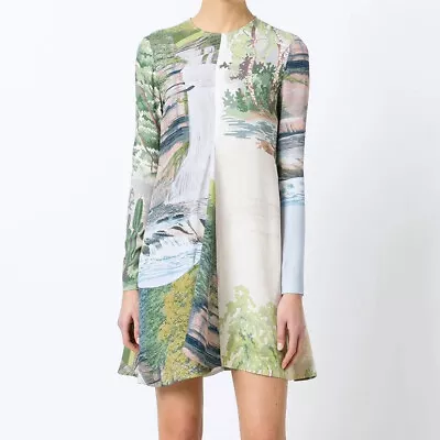 Stella McCartney Landscape Long Sleeve Mini Swing Dress Nature Tree River IT 44 • $169